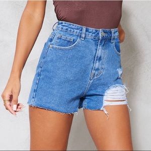 PrettyLittleThing | Mid Blue Wash Ripped Denim Mom Shorts- Size UK 14/EU 42